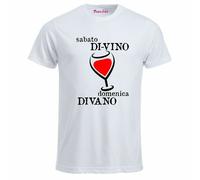 t-shirt bianca uomo scritta simpatica sabato di vino domenica divano regalo