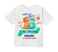 T-Shirt Bimbo o Bimba Compleanno Oggi Ho 6 Anni, Sei, Dinosauro draghetto Roar! Personalizzata con Nome e Data!