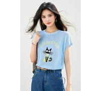 T-Shirt Blu Gatto Ricamato Cartoon Maniche Corte Stile Giovane CF45693