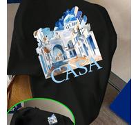 T-shirt CASA con stampa di un antico centro storico marocchino in blu e bianco, ideale per viaggi e vacanze, t-shirt da donna in puro cotone a maniche corte, perfetta per il tempo libero e la vita di 