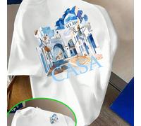 T-shirt CASA con stampa di un antico centro storico marocchino in blu e bianco, ideale per viaggi e vacanze, t-shirt da donna in puro cotone a maniche corte, perfetta per il tempo libero e la vita di 