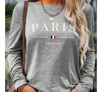 T-shirt casual a maniche lunghe da donna con stampa digitale frontale a blocchi di colore e lettera Parigi, comoda e adatta per la primavera e l'autunno L,M,S,XLGrafico,LettereTessuto