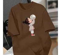 T-shirt casual aderente da donna taglie forti con grafica di una bambina in cappotto imbottito che tiene in alto la luna 0XL,1XL,2XL,3XL,4XLFumetto,Ritratto,LettereTessuto in maglia