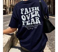 T-shirt casual da donna a maniche corte con scollo rotondo e stampa "La fede supera la paura", stile moda resort, articolo essenziale per il tuo uso quotidiano. T-shirt grafica da donna da resort, top