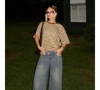 T-shirt casual da donna a maniche corte, con scollo rotondo, spalle scoperte, a righe gialle e marroni, di media lunghezza, stile rilassato, adatta per l'estate, un regalo per un'amica. Top da uscire 