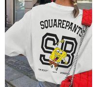 T-shirt casual da donna a maniche corte con spalle scese, foderata in pile e stampata della serie SpongeBob SquarePants, bianca. La t-shirt presenta la scritta nera "SPONGEBOB SQUAREPANTS" sul retro, 