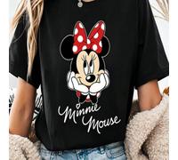 T-shirt casual da donna a maniche corte e girocollo in cotone del marchio Disney, con il classico personaggio Disney Minnie come protagonista, in un gesto giocoso e adorabile con il mento appoggiato a