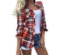 T-shirt casual da donna con stampa scozzese multicolore tasca a maniche lunghe con bottoni cardigan camicetta top taglie forti per leggings, Rosso, XL