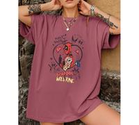 T-shirt casual da donna in cotone con scollo a giro, con marchio condiviso Marvel, stampa Deadpool e Wolverine, top versatili da donna per la primavera e l'estate, top a maniche corte rosso mattone da
