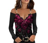 T-Shirt Casual da Donna Maglietta con Scollo a V a Maniche Lunghe T-Shirt con Spalle Scoperte Pullover Camicette Top Shirt alla Moda T-Shirt Taglie Forti Camicetta Ampia Casual Bluse Estivi S-5XL
