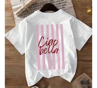T-shirt casual da donna taglie forti a maniche corte con scollo a ciambella, a righe rosa, con la scritta "Ciao Bella" che significa "Ciao, bella" in italiano, adatta per primavera, estate, autunno, S