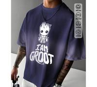 T-shirt casual da uomo in cotone con scollo tondo, con marchio condiviso Marvel, stampa Groot, top versatili da uomo per la primavera e l'estate, top a maniche corte blu tesoro da uomo morbidi e trasp