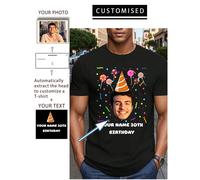 T-shirt casual personalizzata con collo rotondo, figure stilizzate, per compleanno - aggiungi le tue immagini e il tuo testo (foto di famiglia/selfie/animali domestici/amici/fidanzata/regali/logo per 