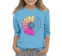 T-shirt casual tinta unita girocollo sette polsino T Shirt Top 3 13 anni maglietta 2 ragazze, Azzurro, 10-11Years