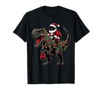T-shirt con Babbo Natale e gatto che cavalca il dinosauro T-Rex Maglietta