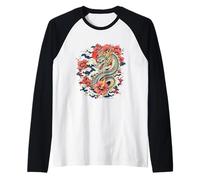 T-Shirt con Drago Giapponese: Drago Orientale feroce Stile Tatuaggio Maglia con Maniche Raglan