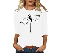 T-shirt con maniche a 3/4 da donna autunno pullover top divertente libellula stampa grafica t-shirt elfo fata modello basic girocollo t-shirt casual comoda maglietta sul fondo camicetta, bianco, XXL