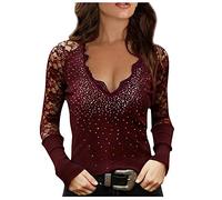 T-Shirt con Maniche Lunghe Donna Pullover Top Donna Moda Pizzo Foratura a Caldo Manica Lunga Tinta Unita (XXL,3Vino)