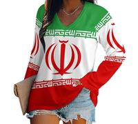 T-Shirt con Scollo A V Camicette A Maniche Lunghe Sciolto Donne Bandiera Nazionale Dell'Iran T-Shirt, Top Basic, Moda Casual Perfetta per Primavera, Autunno E Inverno XL