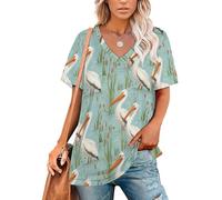 T-shirt con scollo a V da donna, vestibilità ampia, con stampa di gabbiano sul fiume, a maniche corte, per l'estate alla moda, Stile 7, L