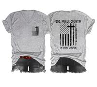 T-shirt con scritta "God Family Country in That Order", maglietta con scollo a V e stampa grafica classica, Grigio, S