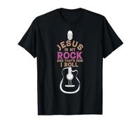 T-shirt con scritta "Jesus In My Rock And That Is How I Roll", chitarra Maglietta
