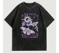 T-shirt con stampa casuale di luna e sole, lavaggio effetto neve, per donna, adatta per la scuola L,M,S,XLAnimale,Fumetto,Geometrico,Grafico,LettereTessuto