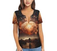T-shirt corta con stampa sexy con scollo a V con motivo esplosione sulla terra, abbigliamento fitness portatile da viaggio, abbigliamento da casa e all'aperto, nero, S