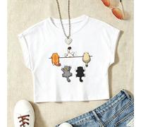 T-shirt corta da ragazza preadolescente in 100% cotone con maniche arrotolate, caratterizzata da una graziosa stampa di un gatto dei cartoni animati; vestibilità ampia e comoda 10Y,11-12Y,8-9Y,6-7YFum