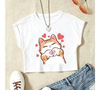 T-shirt corta da ragazza preadolescente in 100% cotone con maniche arrotolate, caratterizzata da una graziosa stampa di un gatto dei cartoni animati; vestibilità ampia e comoda 10Y,11-12Y,8-9Y,6-7YFum
