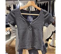 T-Shirt Crop Con Bottoni A Costine Pinstripe Donna Cotone Manica Corta