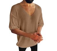 T-shirt da corsa da uomo, da uomo, estate, casual, tinta unita, a maglia, a maniche corte, scollo a V, con maniche lunghe, con scollo a V e maniche lunghe, marrone, 3XL