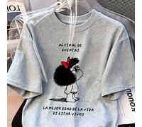 T-shirt da donna 100% cotone, classico design a cartoni animati, adatta per la primavera/estate e per uno stile sportivo/casual tutto l'anno, top a maniche corte grigio, alla moda, morbido e traspiran