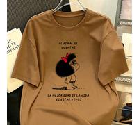 T-shirt da donna 100% cotone, classico design a cartoni animati, adatta per la primavera/estate e per uno stile sportivo/casual tutto l'anno, top a maniche corte marrone, alla moda, morbido e traspira