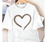T-shirt da donna 100% cotone, oversize, con stampa leopardata e motivo a cuori, adatta per la primavera/estate e per uno stile sportivo/casual tutto l'anno, top bianco a maniche corte, alla moda, morb