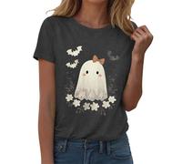 T-shirt da donna a maniche corte girocollo stampa fantasma grafica Halloween autunno casual leggero vestibilità regolare per le vacanze quotidiane, Grigio, M