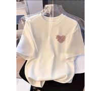 T-shirt da donna a maniche corte in puro cotone al 100%, elegante maglietta a maniche corte con stampa a cuore per studenti, versatile top girocollo Composizione: 100% cotoneMateriale: cotoneLunghezza