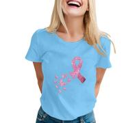 T-shirt da donna a maniche corte nera con nastro rosa e grafica uccello | Una maglietta girocollo presenta un nastro rosa per la consapevolezza e piccoli motivi di uccelli volanti sul davanti
