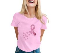 T-shirt da donna a maniche corte nera con nastro rosa e grafica uccello | Una maglietta girocollo presenta un nastro rosa per la consapevolezza e piccoli motivi di uccelli volanti sul davanti