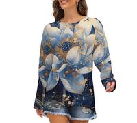 T-shirt da donna a maniche lunghe - Maglietta a girocollo da donna blu Golden Dream Lotus, Stile 38, XXL