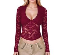 T-shirt da donna a maniche lunghe top da donna con pizzo trasparente design scavato nastro anteriore come maglietta alla moda auto-progettare t-shirt oversize, 2-vino, XL