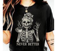 T-shirt da donna alla moda con scollo rotondo, maniche corte, con stampa di teschio e scritta "Coffee Girl", taglie comode 0XL,1XL,2XL,3XL,4XL,5XLHalloweenTessuto