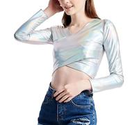 T-shirt da donna alla moda in ecopelle lucida con scollo a V a maniche lunghe per una serata fuori metallizzata effetto bagnato avvolgente top crop top nightclub abbigliamento da festa, F, XL