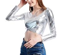 T-shirt da donna alla moda in ecopelle lucida con scollo a V a maniche lunghe per una serata fuori metallizzata effetto bagnato avvolgente top crop top nightclub abbigliamento da festa, Argento, XXL