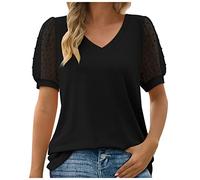 T-shirt da donna basic vestibilità ampia maglietta lunga da donna manica corta a sbuffo scollo a V estate autunno maglietta 2024 moda, F-873 Nero, M