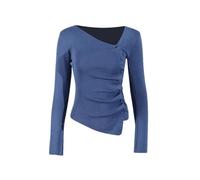 T-shirt da donna con colletto obliquo, maniche lunghe, patchwork, bottoni, Blu, L