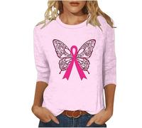 T-shirt da donna con maniche a 3/4 con nastro rosa, comode, gnomo, ala, cuore, fiocco, girasole, stampa, camicette, casual, sciolto, girocollo, festival, tunica top, regali per cancro al seno, 08 rosa