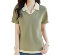 T-shirt da donna con risvolto sciolto manica corta finto due pezzi top L | Design ampio, colletto con risvolto, maniche corte, stile finto a due pezzi, taglie disponibili dalla L alla 5XL
