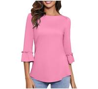T-shirt da donna con scollo a O, casual, maniche a sbuffo, larga, elegante, top estivo, collant a rete neon, Colore: rosa., S