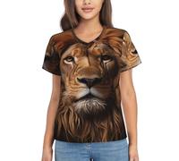 T-shirt da donna con scollo a V dalla vestibilità classica, a maniche corte, stampa con lo sguardo del leone, top casual, Nero, L